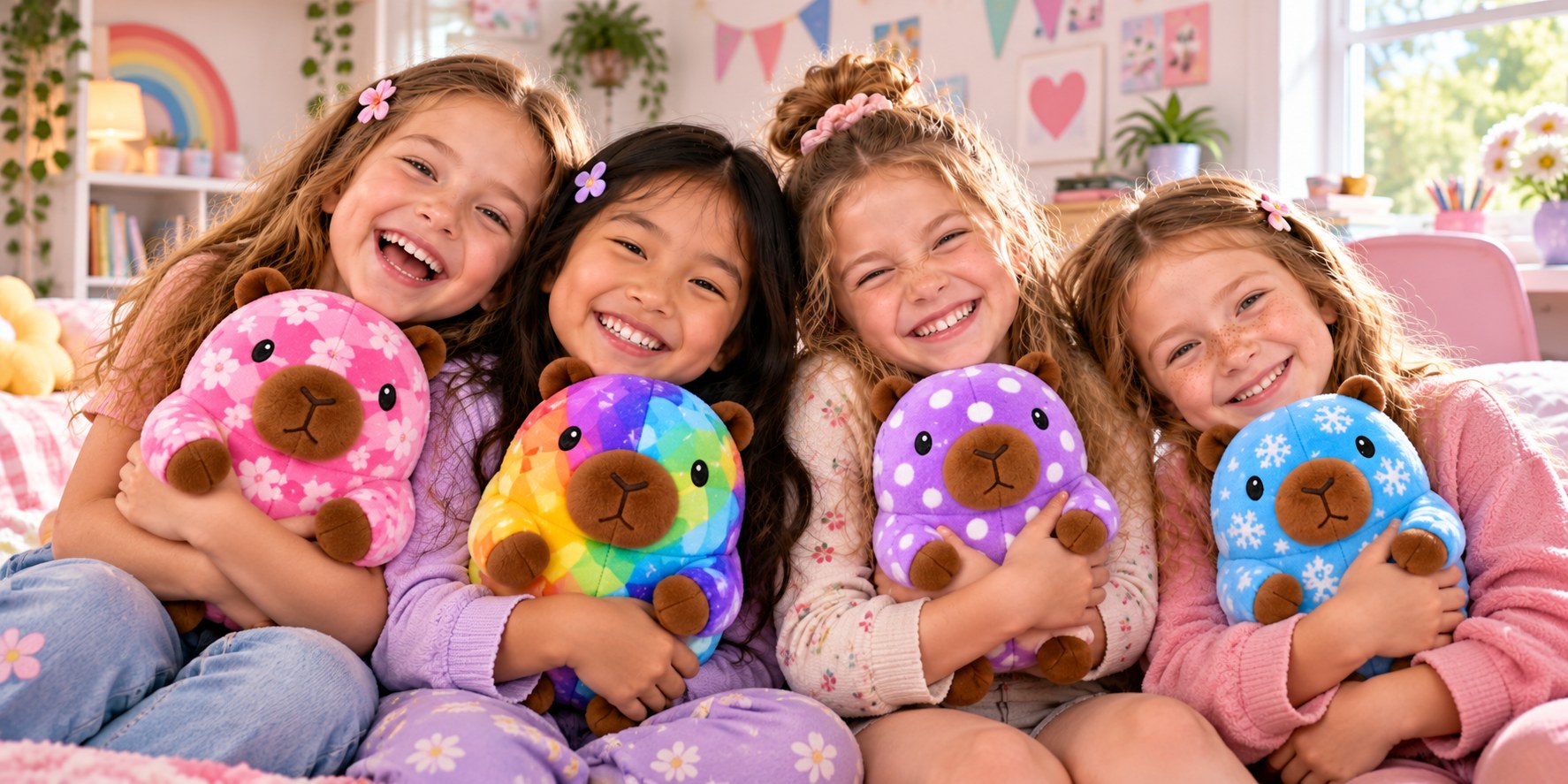 Children laughing while cuddling colourful Capy Pals plush capybara toys