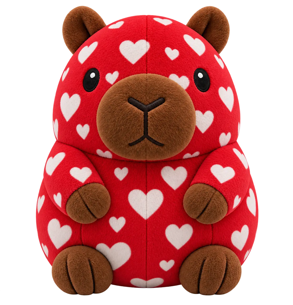 Ruby, a red heart-patterned Capy Pals collectible plush capybara