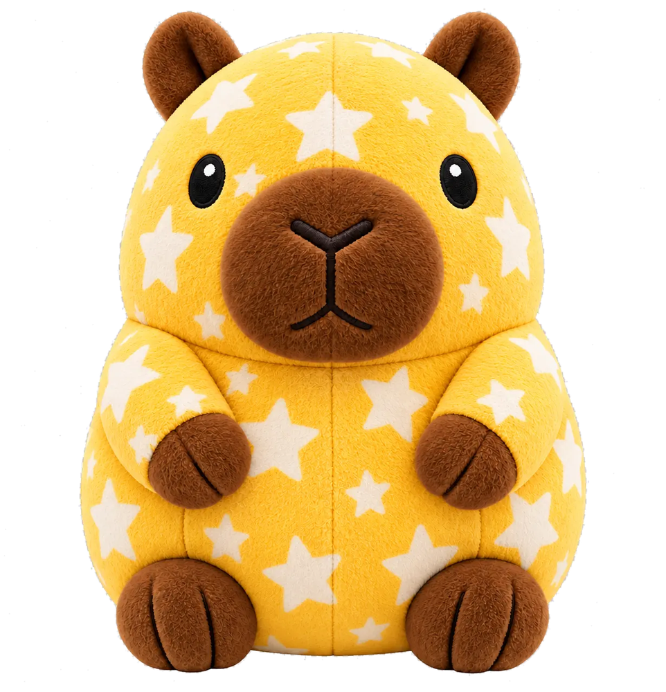 Starry, a yellow star-patterned Capy Pals collectible plush capybara